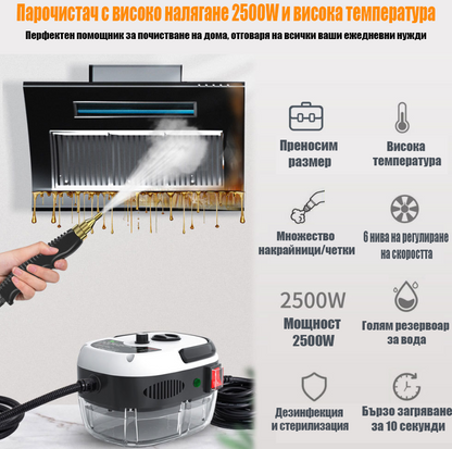 UltraJet™ 2500W Парочистач – почистване на плочки, тапицерия, прозорци и автомобили